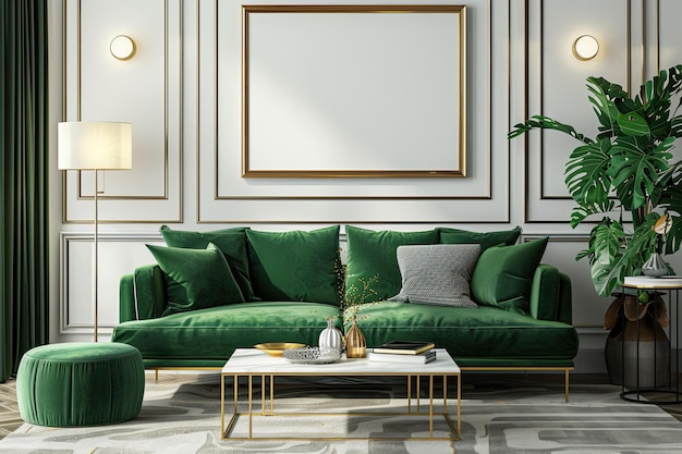 Luxury Living Room with Green Velvet Sofa and Gold Decor