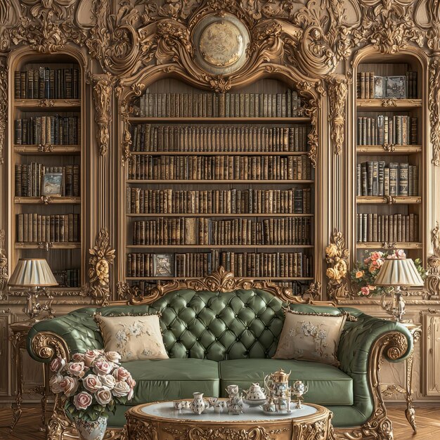 Photo luxury living room with ornate bookcases green sofa and tea set