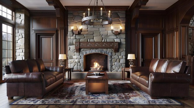 Luxury living room with stone fireplace and leather sofas cherry hardwood and nice r Generative AI