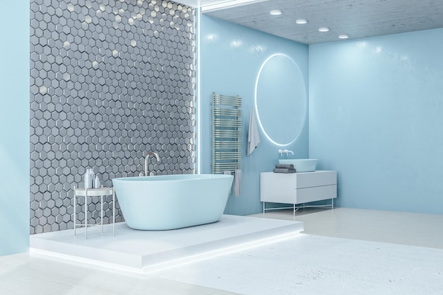 Luxury loft bathroom with blank blue wall