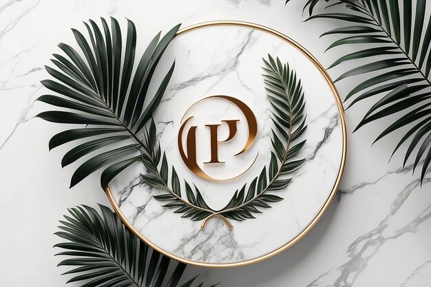 Luxury logo mockup on circle marble with palm leaves on white background 3d render