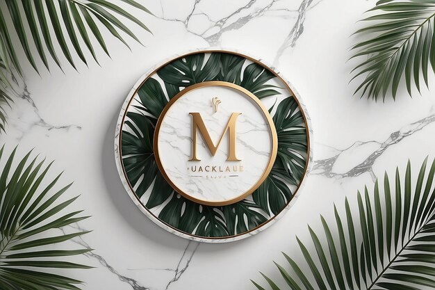 Luxury logo mockup on circle marble with palm leaves on white background 3d render