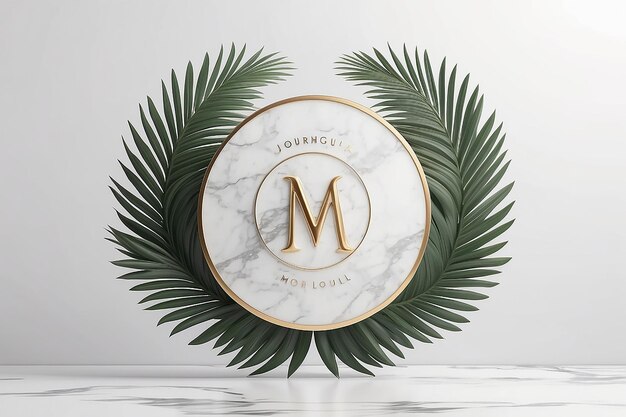 Luxury logo mockup on circle marble with palm leaves on white background 3d render