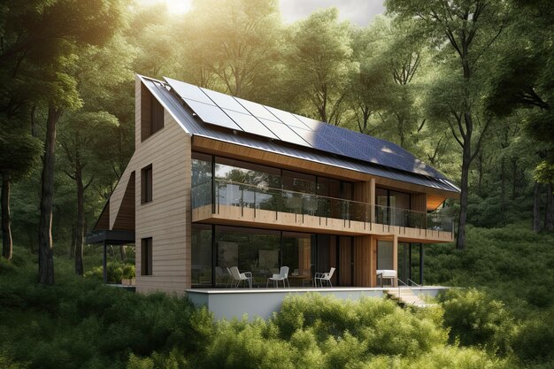 Luxury mansion in the forest with solar panels on the roof The concept of alternative energy sources Generate Ai