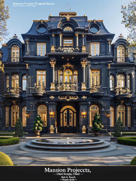 Photo luxury mansion with animated icons regal black and gold webs unique architecture idea designs