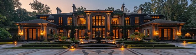 Photo luxury mansion with warm lights at dusk grand entrance