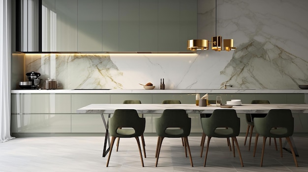 Luxury marble dining table sage green kitchen counter Generative AI