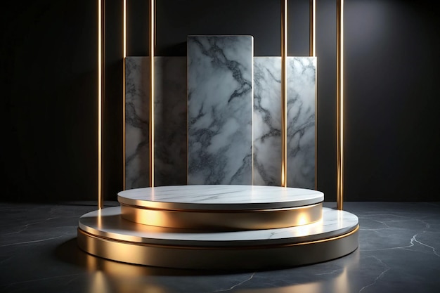 Photo luxury marble geometric podium in dark black background 3d rendering illustration