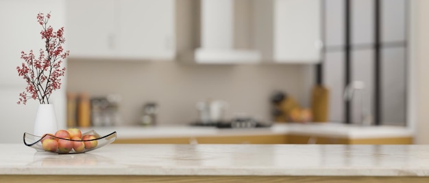 Luxury marble kitchen countertop with copy space over blurred modern kitchen in background