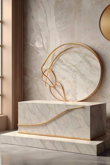 Photo luxury marble product placement podium platform stage on soft creamy textured concrete wall with sunshade shadow