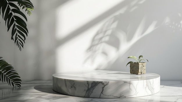 Luxury marble table with plant shadow on white wall and stone podium for product pla Generative AI