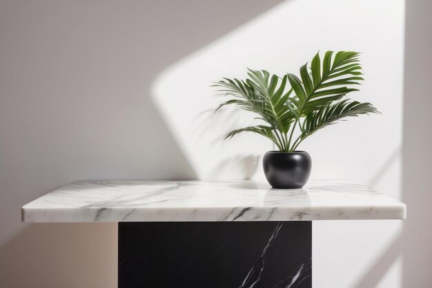 Luxury marble table with plant shadow on white wall and stone podium for product placement display