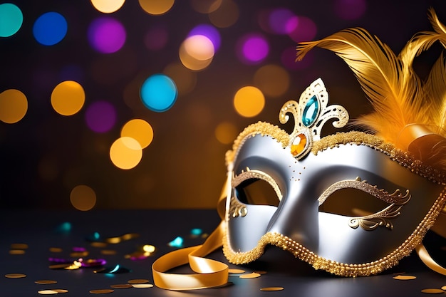 Luxury mask on dark golden bokeh blurred confetti background concept carnival