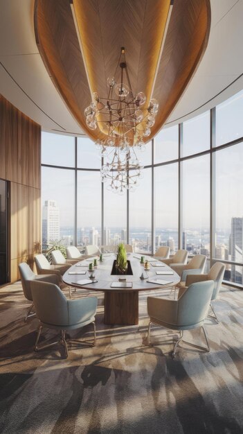 Luxury meeting room with panoramic and daylight presentation and corporate concept 3d rendering