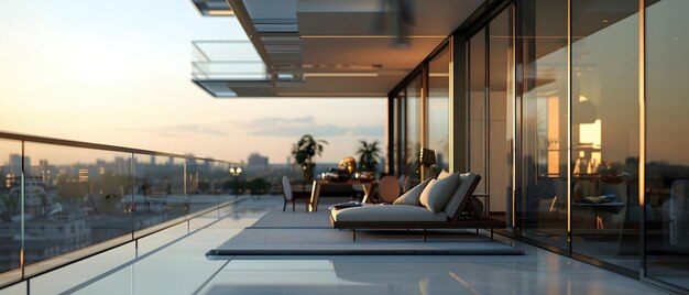 Photo luxury modern apartment balcony with panoramic city skyline view at sunset