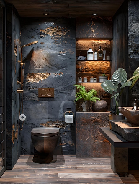 Luxury modern bathroom with elegant fixtures in dark earthy tones creates a sophisticated ambiance