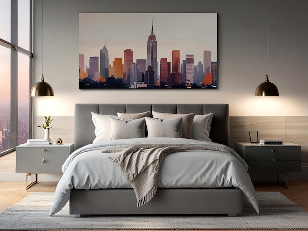 Luxury Modern bedroom interior framed poster hanging above a bed