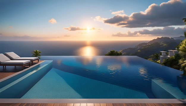 luxury modern designer villa with pool ocean view photorealistic travel poster