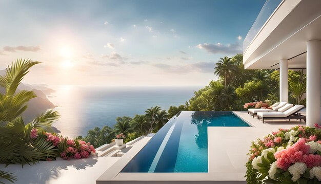 luxury modern designer villa with pool ocean view photorealistic travel poster