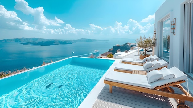 Luxury Modern Hotel Overlooking the Serene Sea and Greek Islands in Santorini