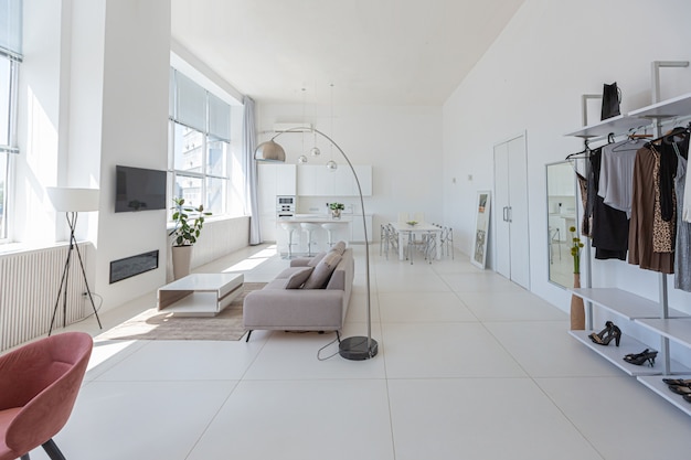 luxury modern interior design of white studio apartment in minimalist style.