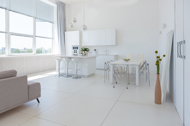 luxury modern interior design of white studio apartment in minimalist style.