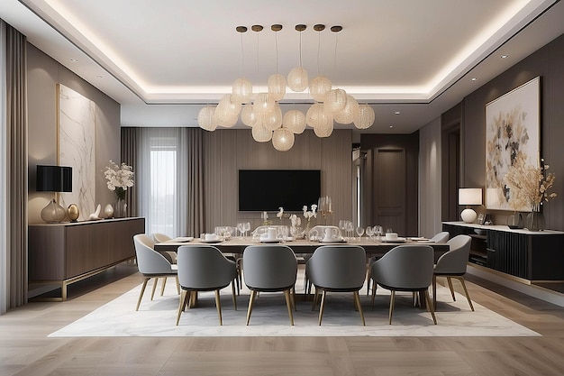 Photo luxury modern living and dining room 3d rendering