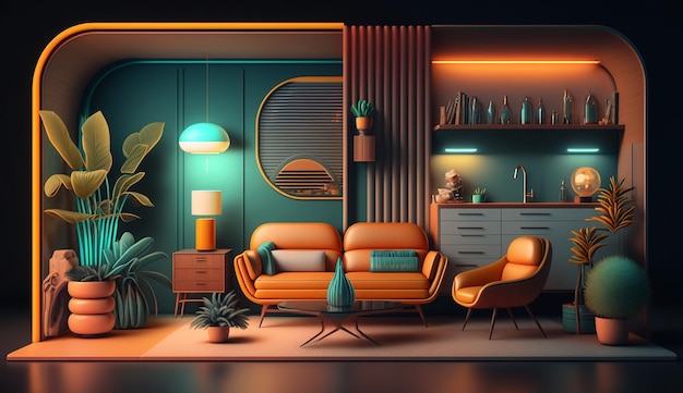 Luxury modern neon decor living room interior design AI Generated image