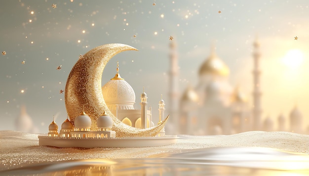 Luxury mosque with gold moon Islamic background 3D rendering