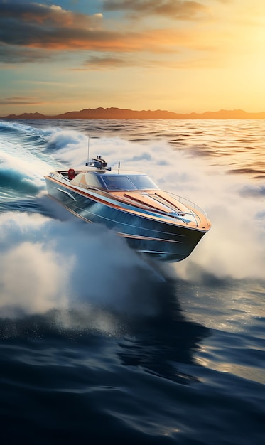 Luxury motorboat on the sea Speedboat at sunset