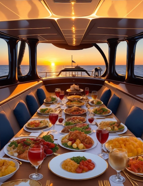 Luxury multicourse dinner on a yacht with all the amenities at sea