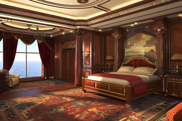 Photo luxury ocean view bedroom interior design with elegant furniture