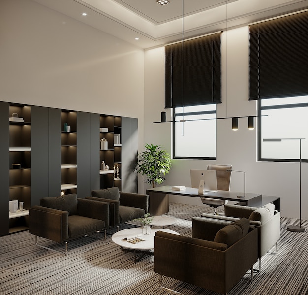 Luxury office room with furniture, 3d render