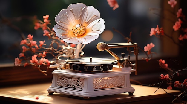 Luxury Old gramophone with plate or vinyl disk on wooden box AI generated image