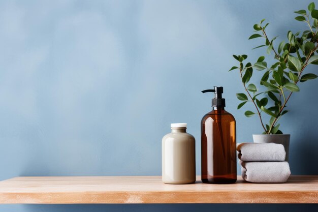 Luxury organic skincare product display on wooden counter with soft sunlight and leaf shadow