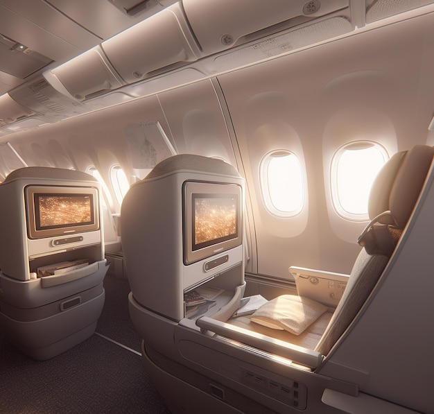 Luxury passenger aircraft business class inside scene