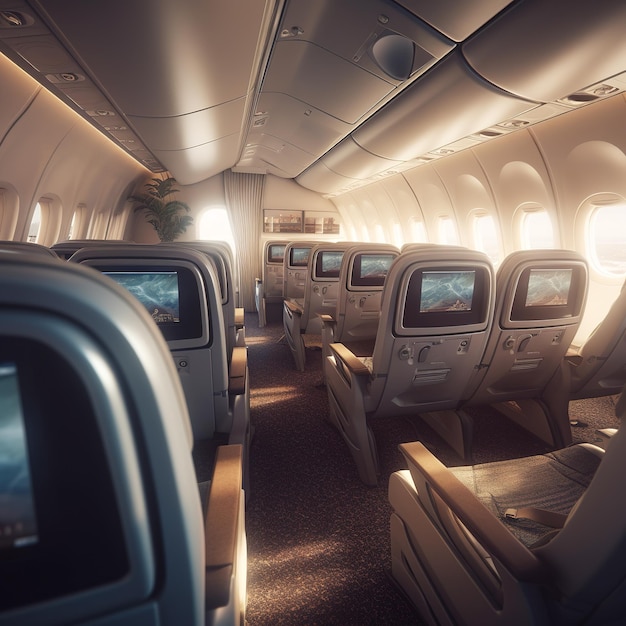 Luxury passenger aircraft business class inside scene