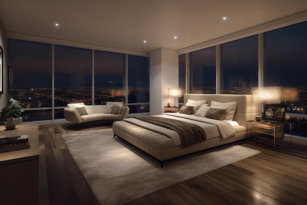 Luxury Penthouse Bedroom with Stunning Skyline View at Night