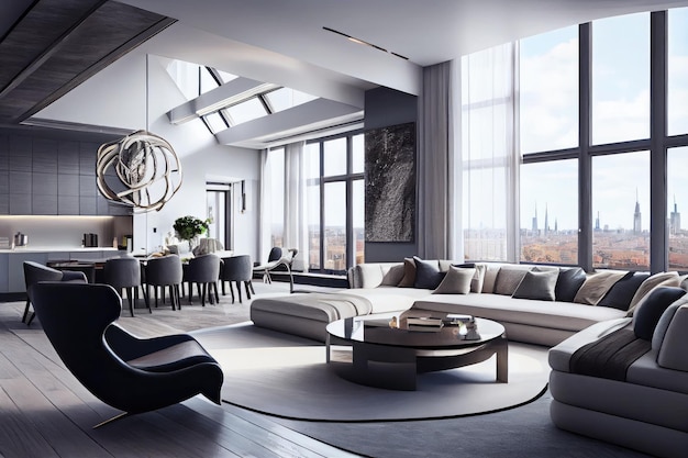 Luxury penthouse with panoramic view of the city featuring modern furnishings and sleek decor