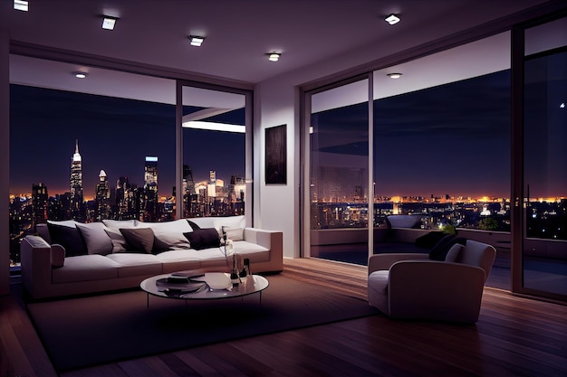 Luxury penthouse with panoramic view of the city skyline at night