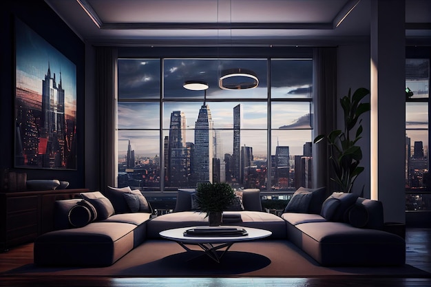 Luxury penthouse with view of bustling city street and iconic skyscrapers