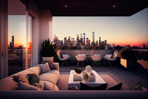 Luxury penthouse with view of the city skyline and sunset from a rooftop terrace