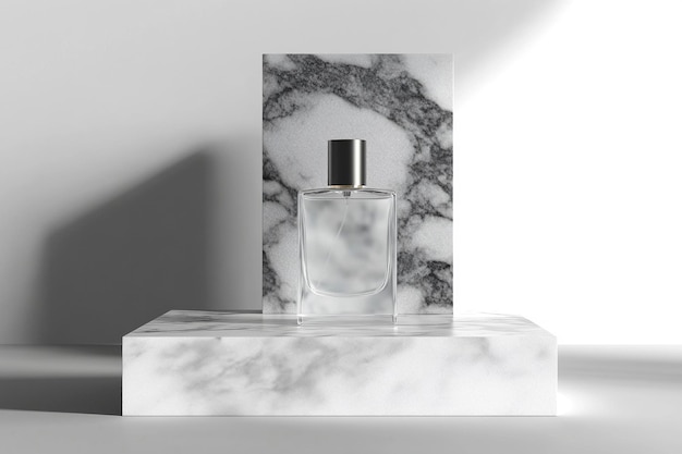 Photo luxury perfume bottle on marble pedestal with elegant lighting