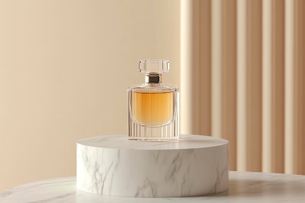 Photo luxury perfume bottle on marble pedestal with elegant lighting