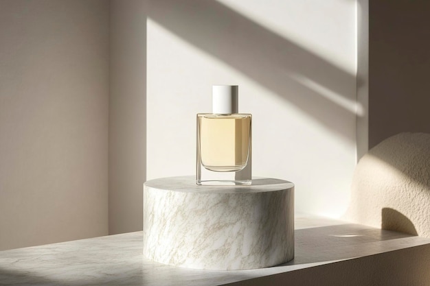 Luxury Perfume Bottle on Marble Pedestal with Elegant Lighting