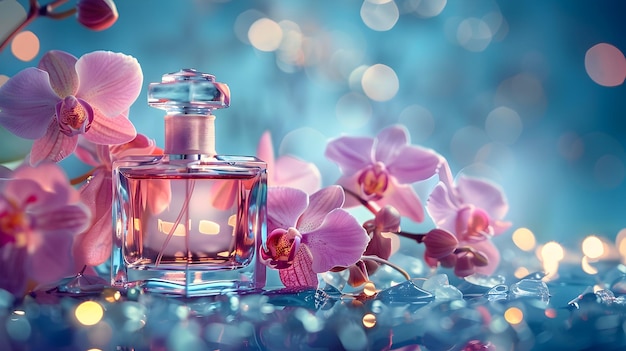 Luxury Perfume Bottle Surrounded by Exotic Orchids in Soft Focus Glamour