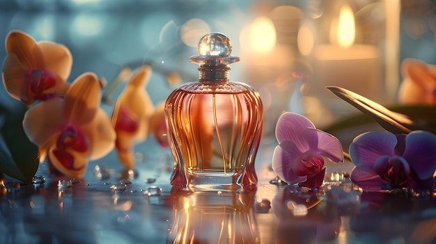 Luxury Perfume Bottle Surrounded by Exotic Orchids in Soft Focus Glamour