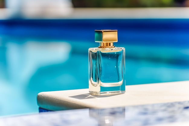 Luxury perfume bottle with golden cap by the swimming pool in summer Generative AI