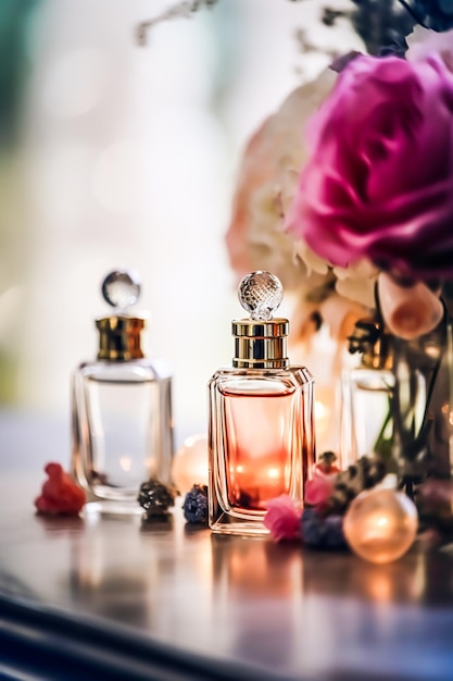 Luxury perfume bottles on display at a presentation women fragrance scent new exclusive collection postprocessed generative ai