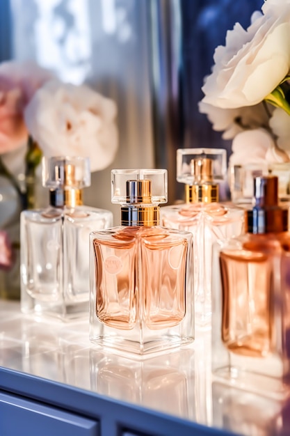 Luxury perfume bottles on display at a presentation women fragrance scent new exclusive collection postprocessed generative ai